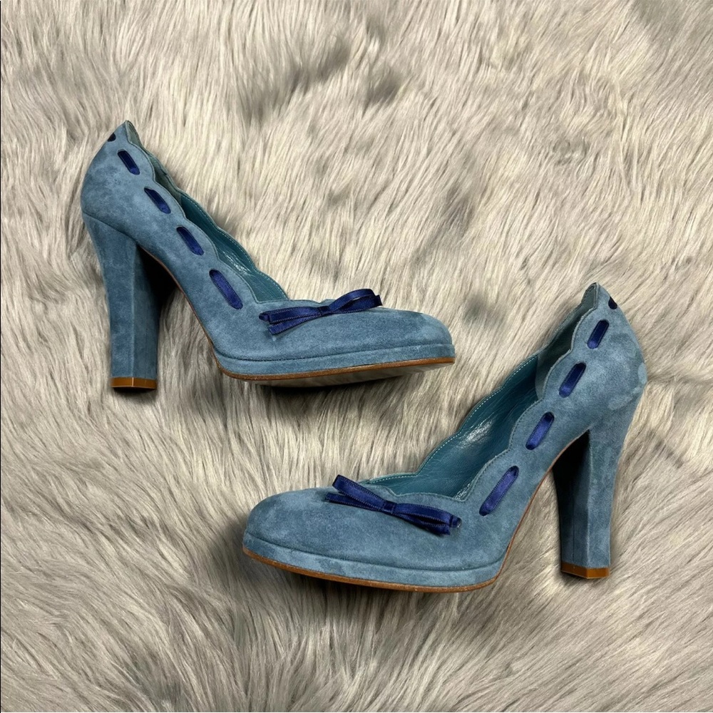 Marc Jacobs Blue Suede Ribbon Bow Pumps Heels Size 8.5 M